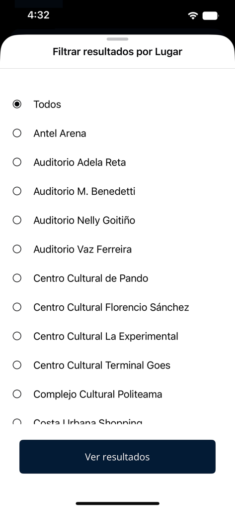 tickantel - Écran de l'application Tickantel affichant une liste de lieux d'événements en Uruguay pour filtrer les résultats