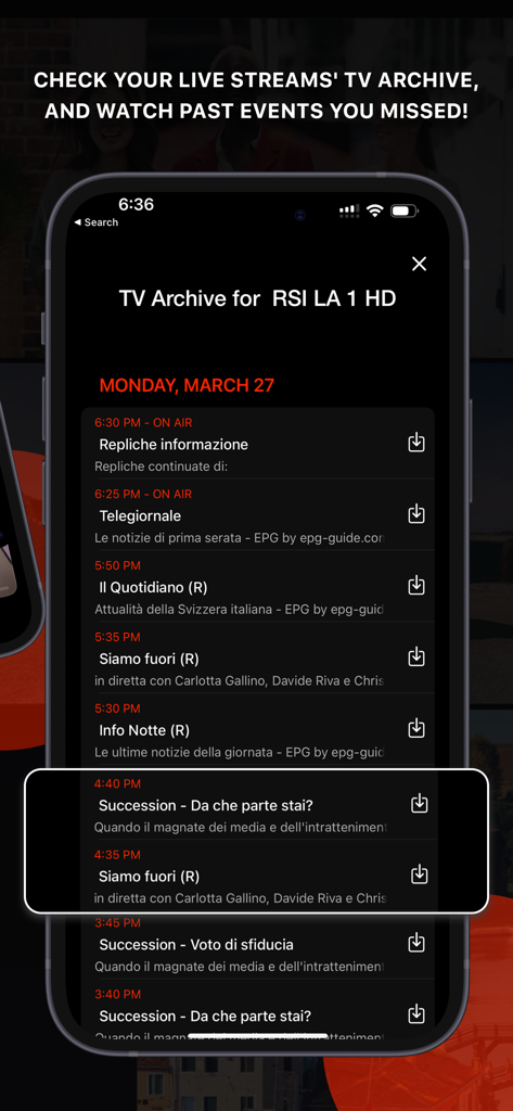 Interfaz de la aplicación IPTVX mostrando una lista de programas de TV grabados pasados en la sección de archivo en un iPhone.