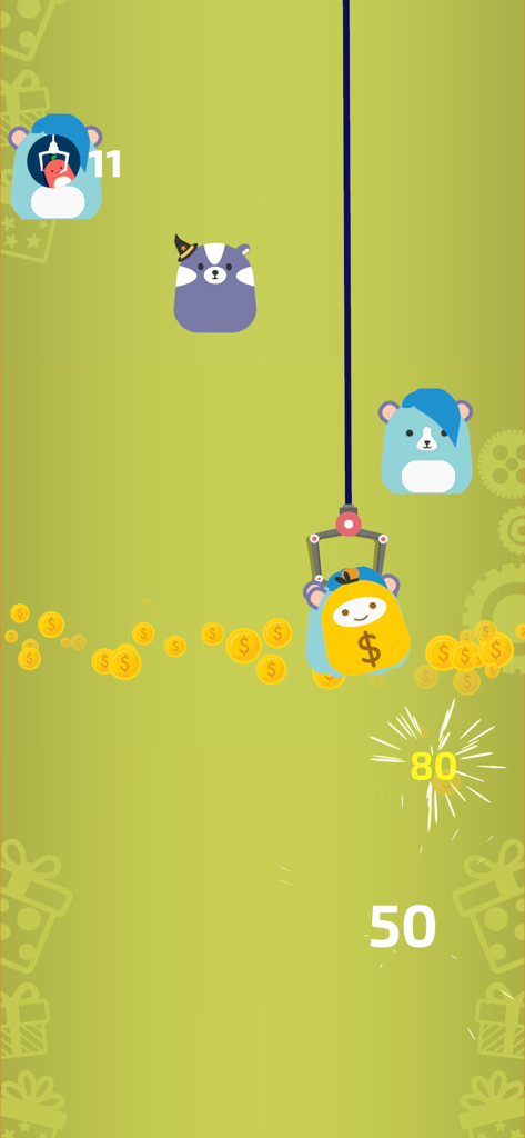 Go Toy! - Go Toy gameplay showing a mechanical claw grabbing a cute money bag toy surrounded by gold coins