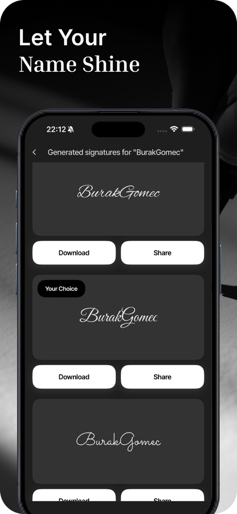 Electronic & Signature Creator - Prévia de várias opções de assinatura digital elegantes geradas no aplicativo.