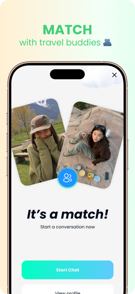 Going Solo mobile app interface showing a successful match between two solo travelers with a start chat button