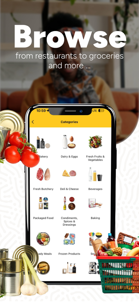 Pantalla de la aplicación Ryno Delivery mostrando varias categorías de compras de alimentos y comestibles