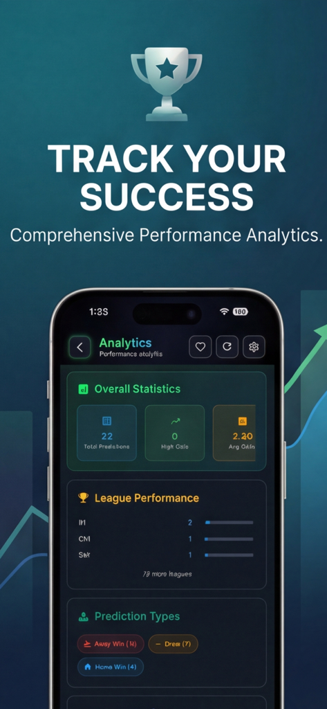 AI Football Tips – PrediKick - PrediKick app analytics screen showing football prediction success rates and performance statistics