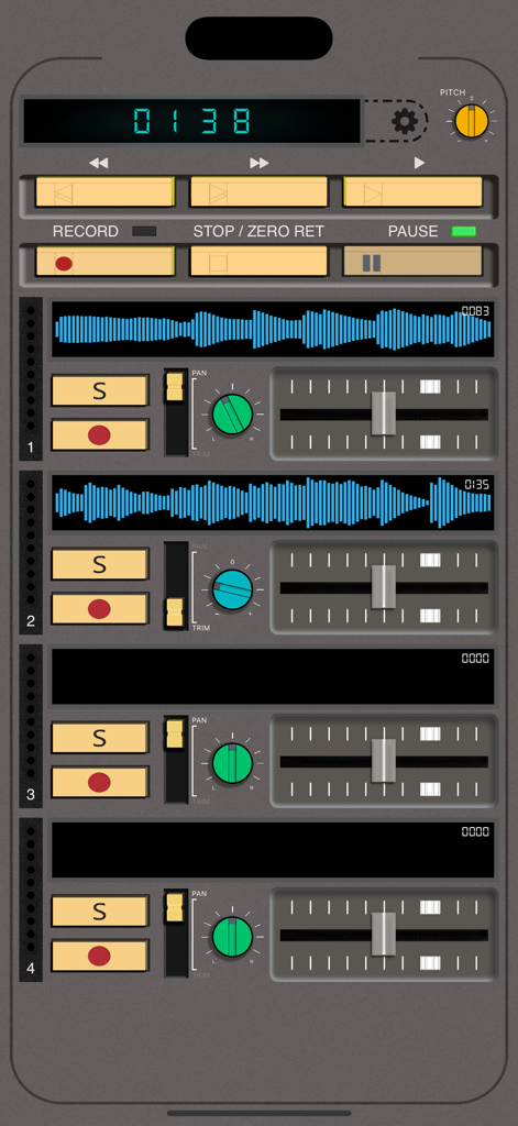 T.APE - Interfaz de la aplicación T.APE mostrando una grabadora vintage de cuatro pistas con formas de onda de audio azules y controles de mezcla analógicos