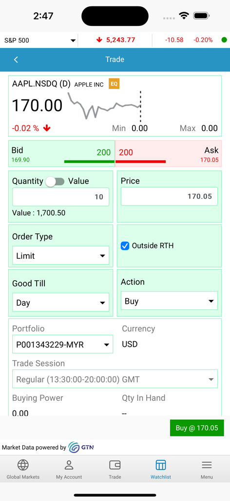Stock trading interface on eTrade Global app showing a buy order for Apple Inc shares.