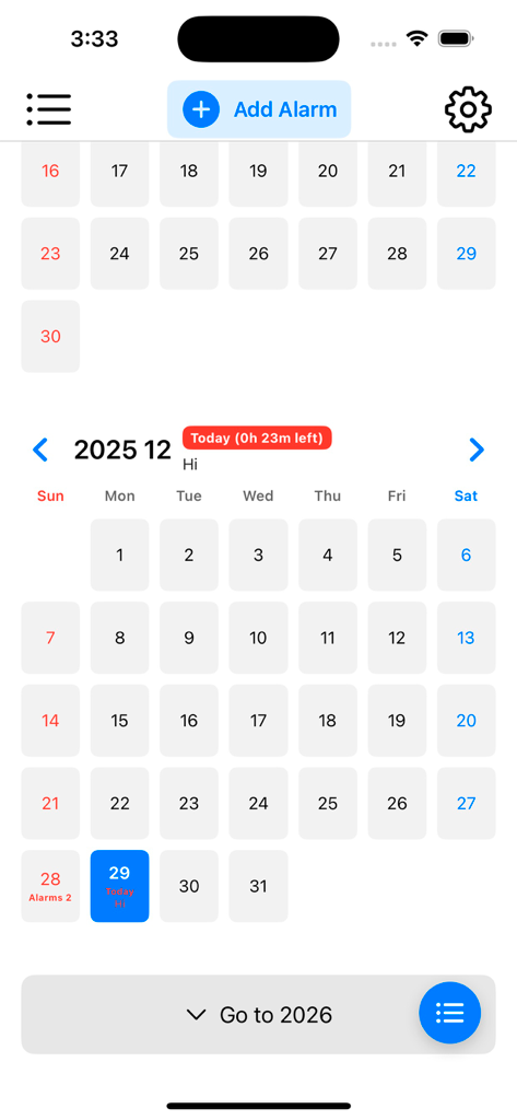 Monatliche Kalenderansicht der Kalender D-DAY App, die Dezember 2025 mit einer Schaltfläche zum Hinzufügen von Alarmen anzeigt