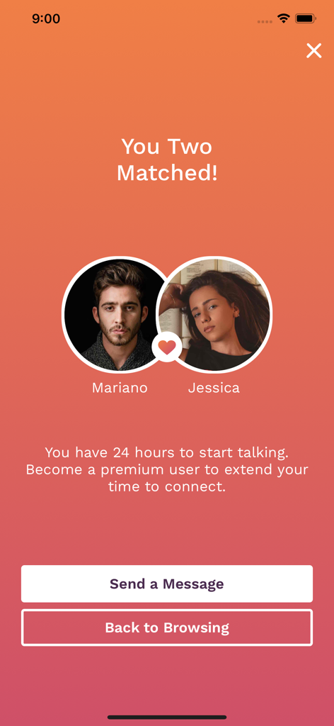 Uno schermo di notifica di corrispondenza sull'app Modamily che mostra due profili pronti a connettersi per la co-genitorialità.