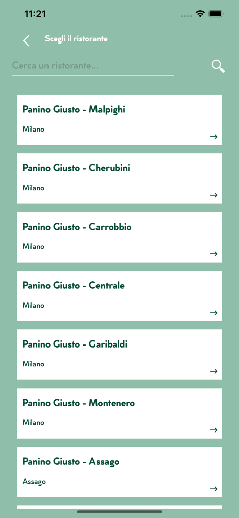 A mobile interface for the Panino Giusto app showing a list of restaurant locations in Milan for user selection.
