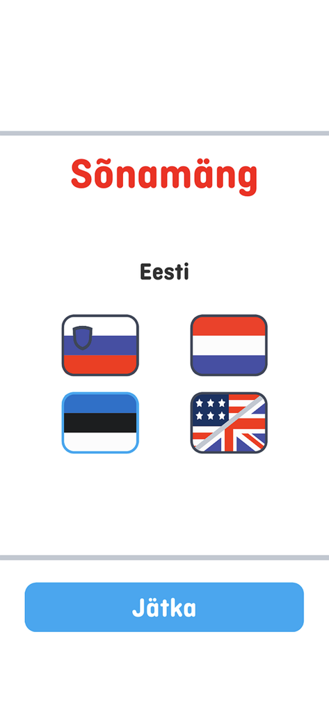 Sõnamäng app start screen showing language selection with flags and a continue button