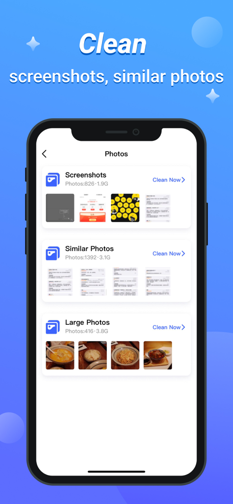Mobile app interface showing options to clean screenshots similar photos and large photos to save storage