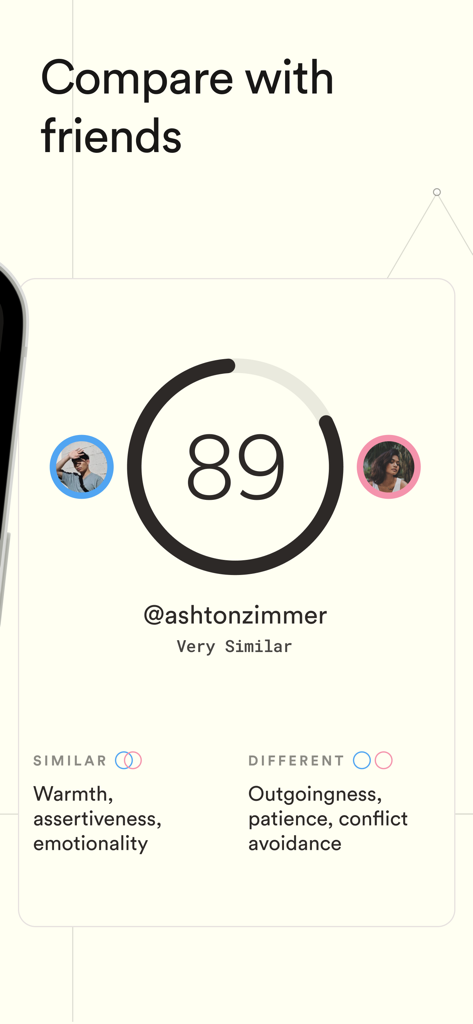 A personality compatibility report in the Dimensional app comparing traits and similarity scores between friends.