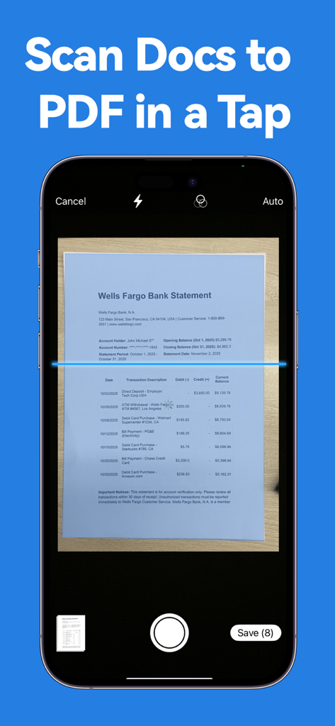 Smart Printer App-Print & Scan - A smartphone scanning a bank statement to create a PDF