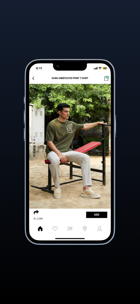 Outfitters Pakistan mobile app product page displaying a men's olive green printed t-shirt with price and add to cart button.