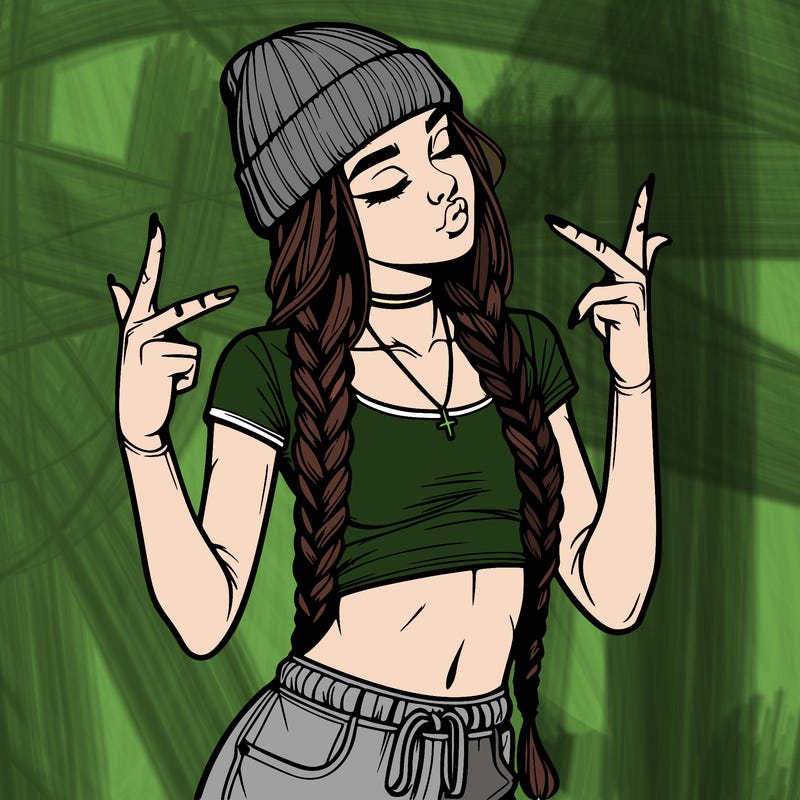 realistic teenage girl with braids and a beanie and crop top doing 🫶🏼