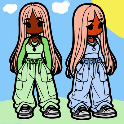 girl in baggy pants crop top and long hair