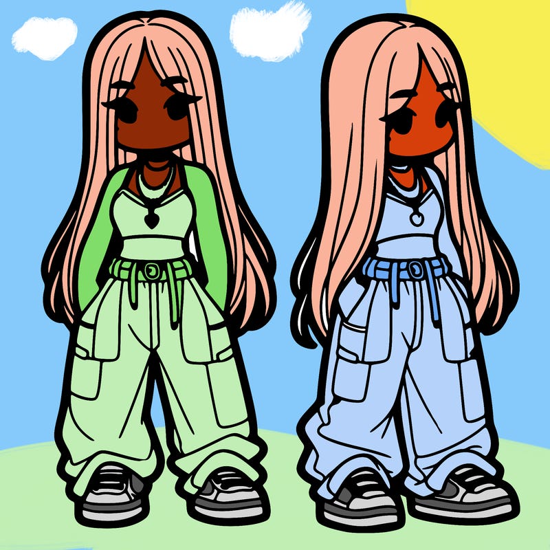 girl in baggy pants crop top and long hair