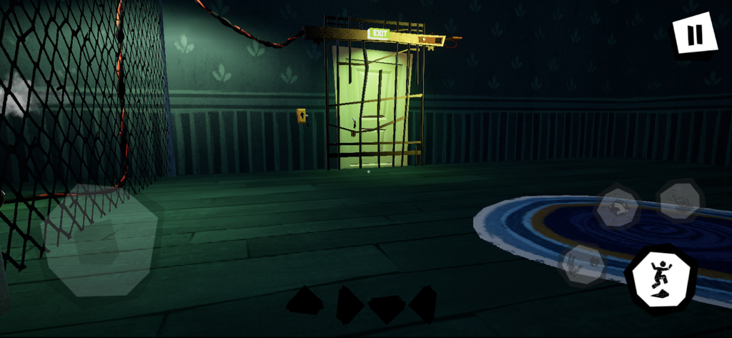 Gameplay screenshot of Hello Neighbor showing a gated exit door in a dark house