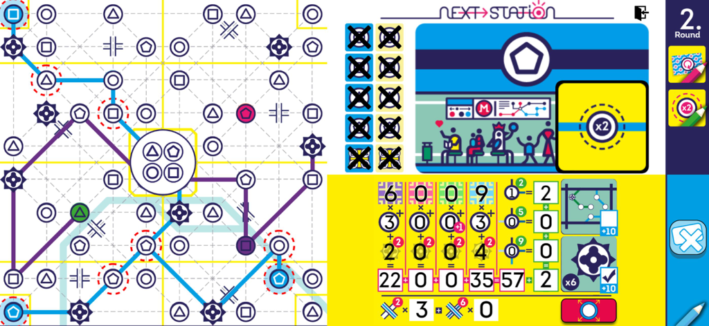 Next Station - Paris - Next Station Paris Gameplay, das die Planung des U-Bahn-Netzwerks und die Punkteliste zeigt