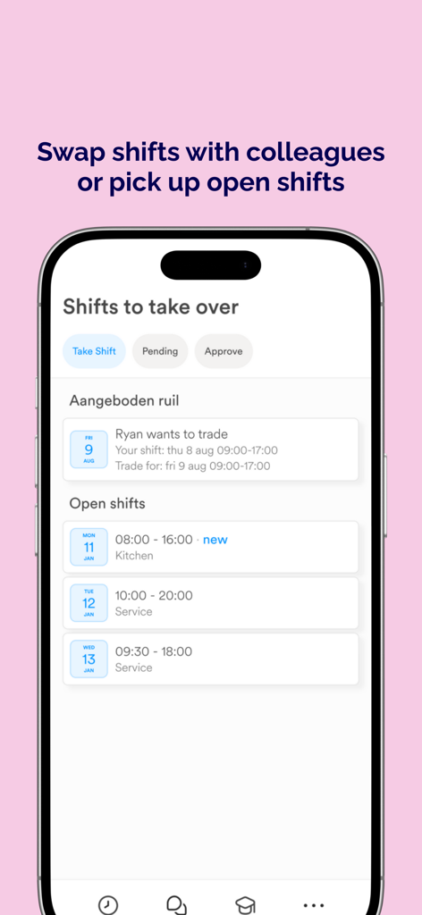 Eitje - Interface of the Eitje app showing options to swap shifts with colleagues and view available open shifts.