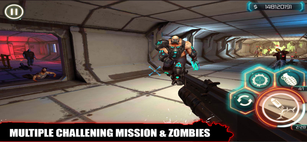 Zombie Survival Dead Shooting - First person shooter gameplay featuring a large armored zombie boss in a futuristic corridor