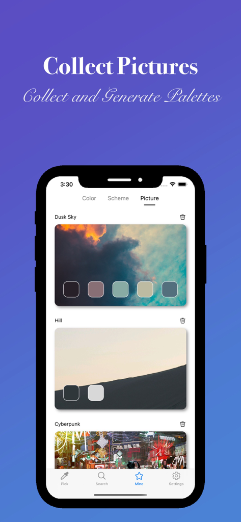 Color Picker: Design & Detect - Color Picker 앱의 한 화면에 석양 및 풍경 사진에서 자동으로 생성된 색상 팔레트가 표시됨.