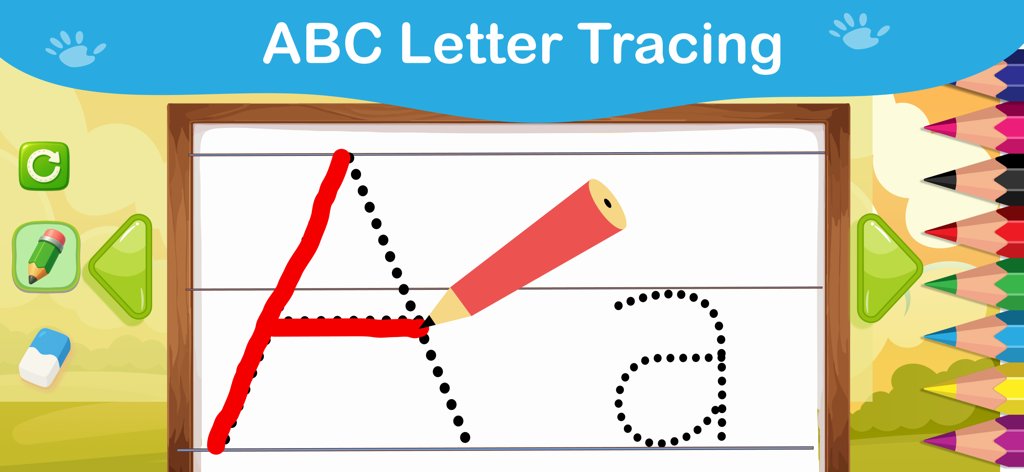 ABC Letter Tracing Games - Interfaz de juego educativo que muestra un trazado guiado de la letra A para niños.