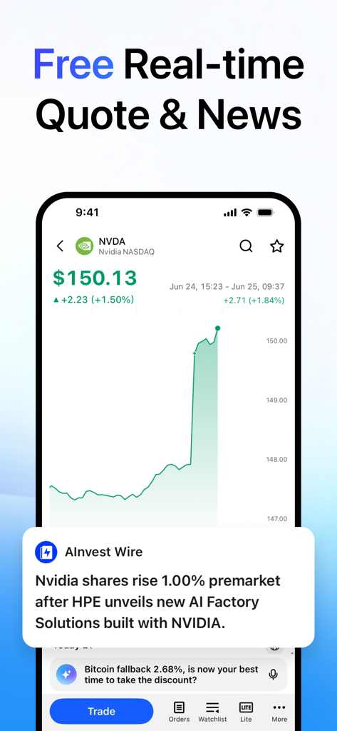 Stock Screener, AI Scanner - リアルタイムの NVIDIA 株価チャートとプレマーケットの上昇に関する市場ニュースアップデートを表示する Ainvest アプリのインターフェース。