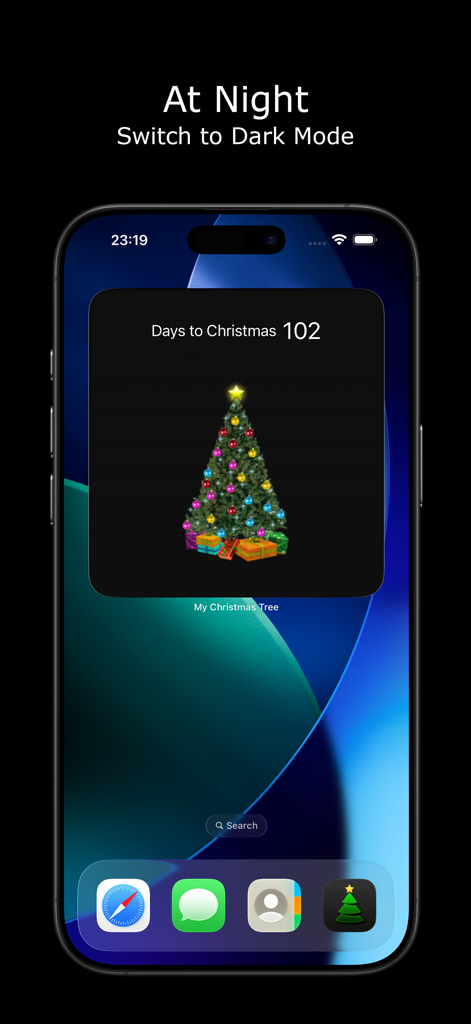An iPhone home screen showing a Christmas countdown widget in dark mode featuring a decorated tree and 102 days remaining.