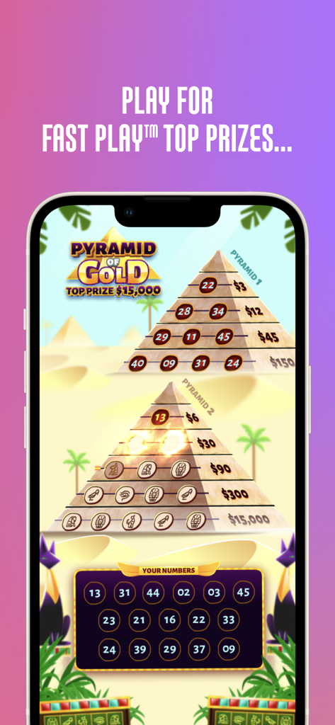 Pyramid of Gold Fast Play game interface on the Illinois Lottery app