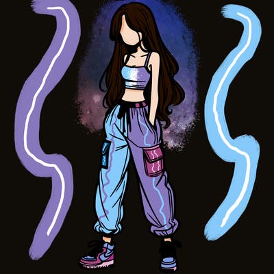 girl in baggy pants crop top and long hair