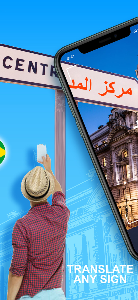 A person using the Translate Snap app camera to translate a street sign on their smartphone