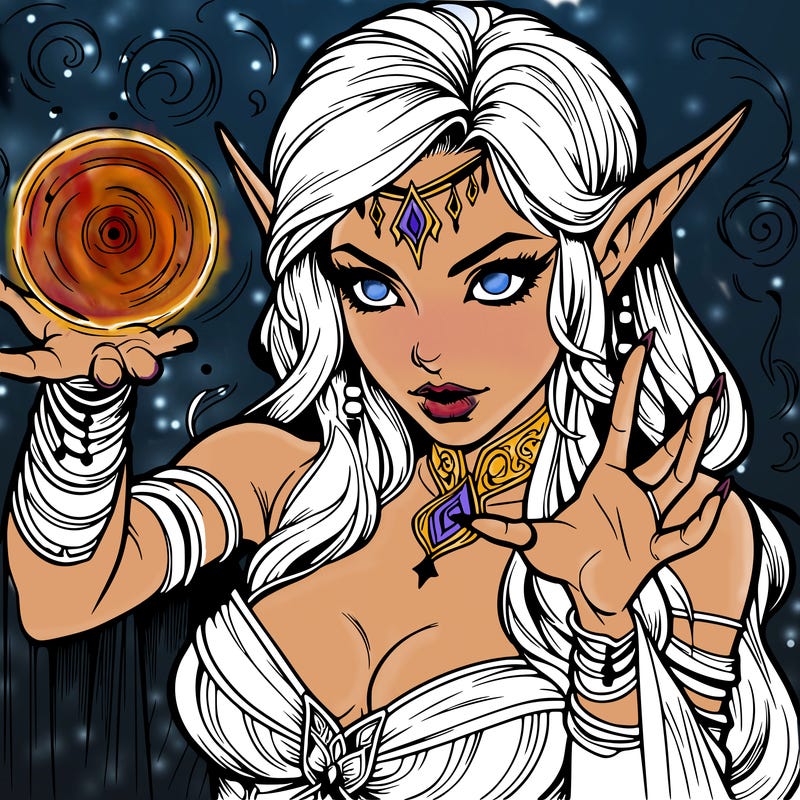 realistic scary beautiful elf sorceress casting spell