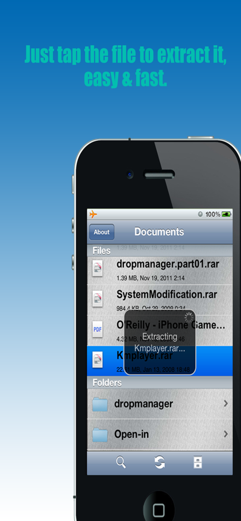 RarExtractor - Extract RAR,ZIP - RarExtractor mobile app interface on iPhone showing a RAR file extraction in progress.