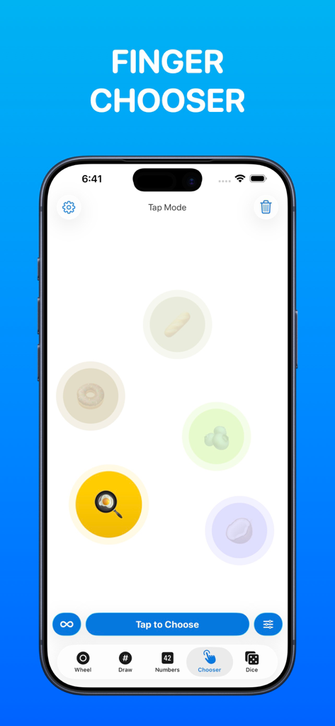 Wheel Spinner - Pick Me - Mobile screen showing the Finger Chooser feature of the Wheel Spinner Pick Me app with colorful icons for group decision making