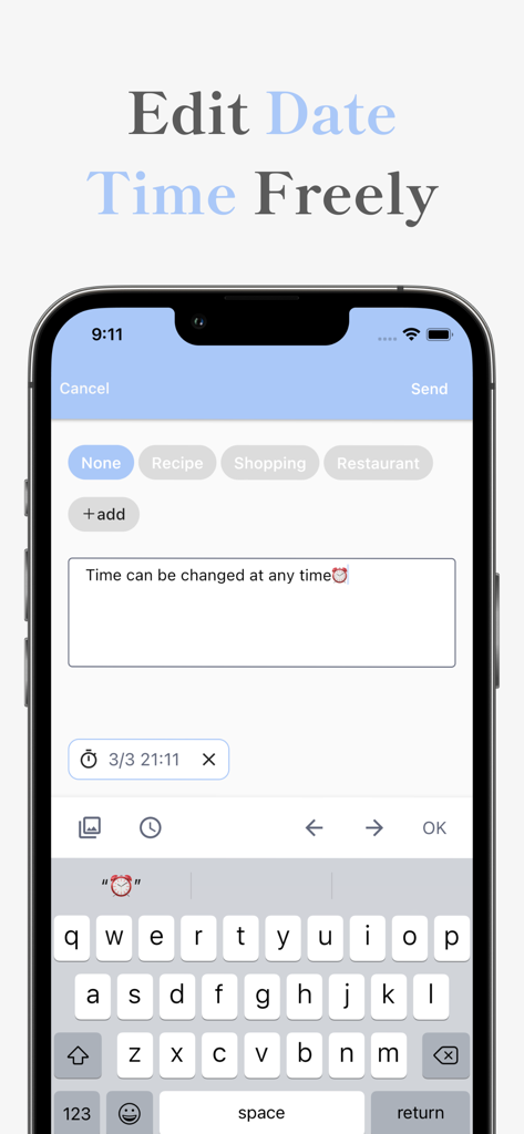 Seclog - Private Feed Journal - Seclog app interface showing the flexible timestamp control feature for editing the date and time of journal entries.