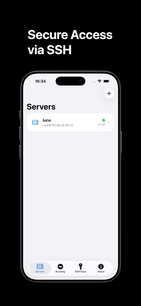 ServerCC mobile app interface showing a list of remote servers and secure SSH access options.