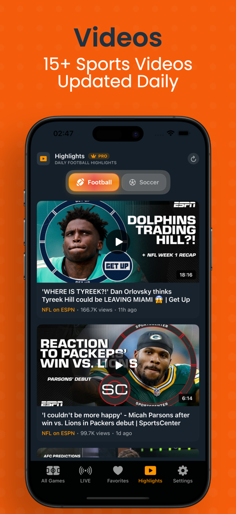 The Dofu - Live Sports Scores - Interfaz de la aplicación móvil que muestra un feed de resúmenes de video deportivos diarios, incluyendo noticias de fútbol y resúmenes de partidos.