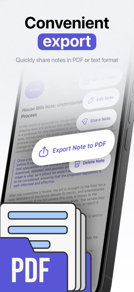 Lecture AI Note Taker, Summary - Tela do aplicativo Notimo mostrando opções convenientes de exportação de notas para formato PDF e texto para fácil compartilhamento.