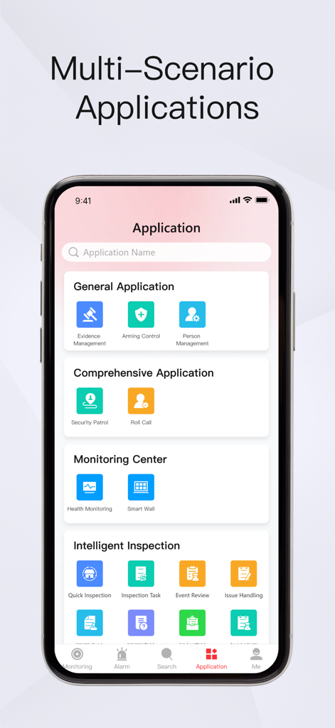 HikCentral Mobile - HikCentral Mobile app interface showing the multi-scenario applications menu including monitoring and inspection tools.