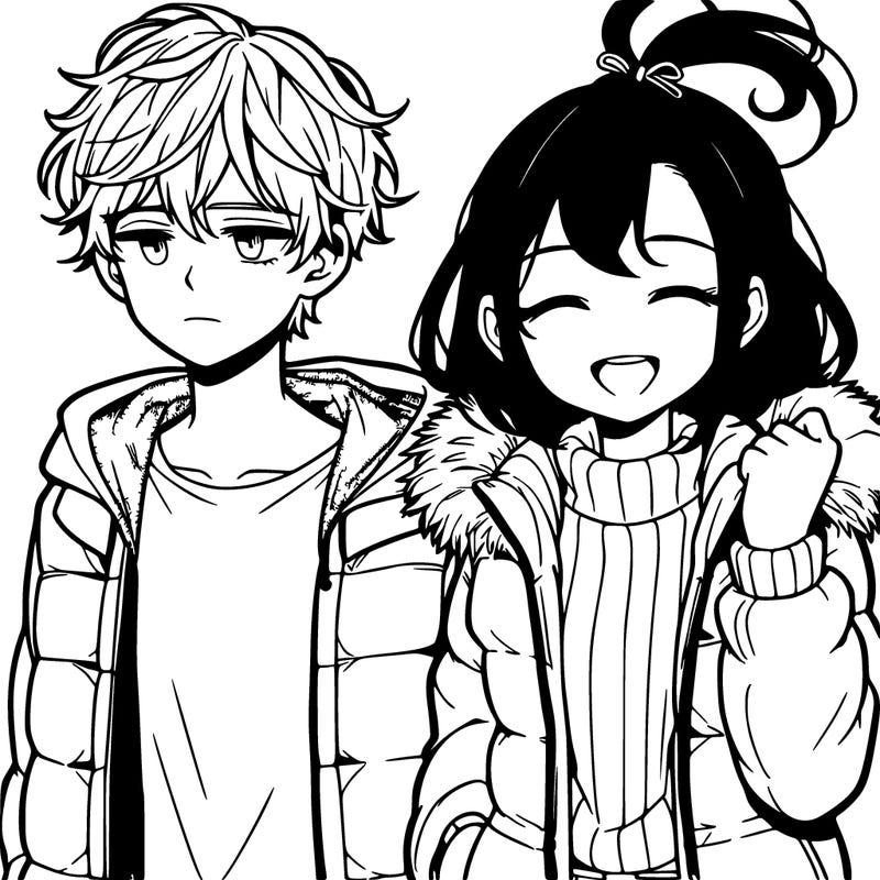 a 17 year old boy and girl the boy has short hair that is messy but not to messy and wearing a plain t shirt wearing a puffy jacket on top not smiling the girls hair is back in a ponytail with a ribbon in her hair wearing a sweater with a jacket on top smiling with eyes closed anime style