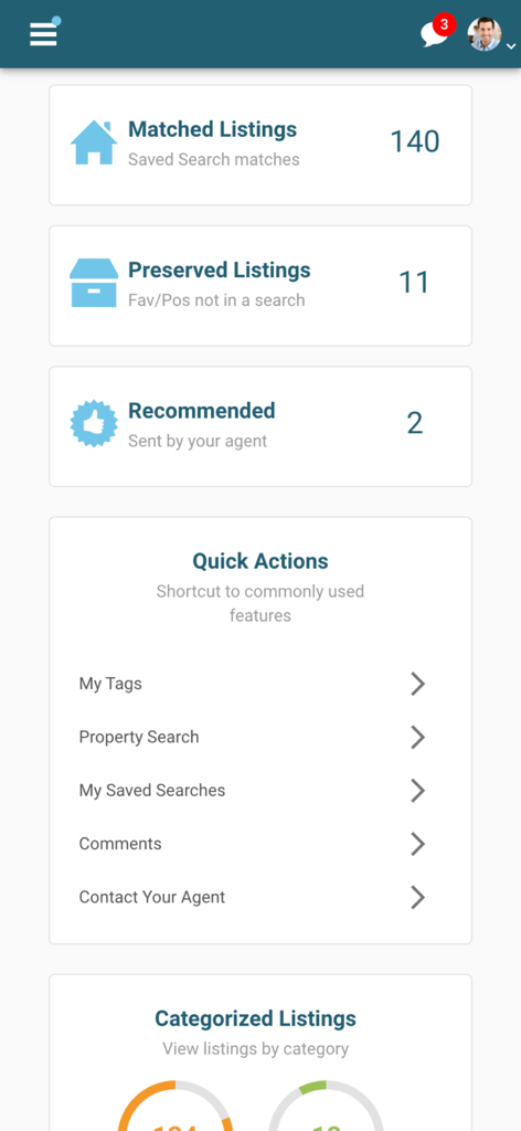 Collaboration Center app dashboard showing property listing summaries and quick action menu