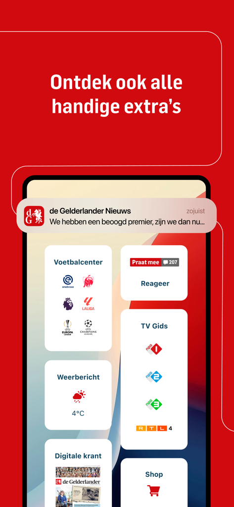 축구 날씨 및 디지털 뉴스 기능을 보여주는 De Gelderlander Nieuws 앱의 인터페이스