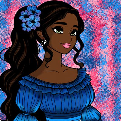a single latina woman with a side ponytail and a long dress with ruffles. she has a few discreet flowers in her hair. realistic