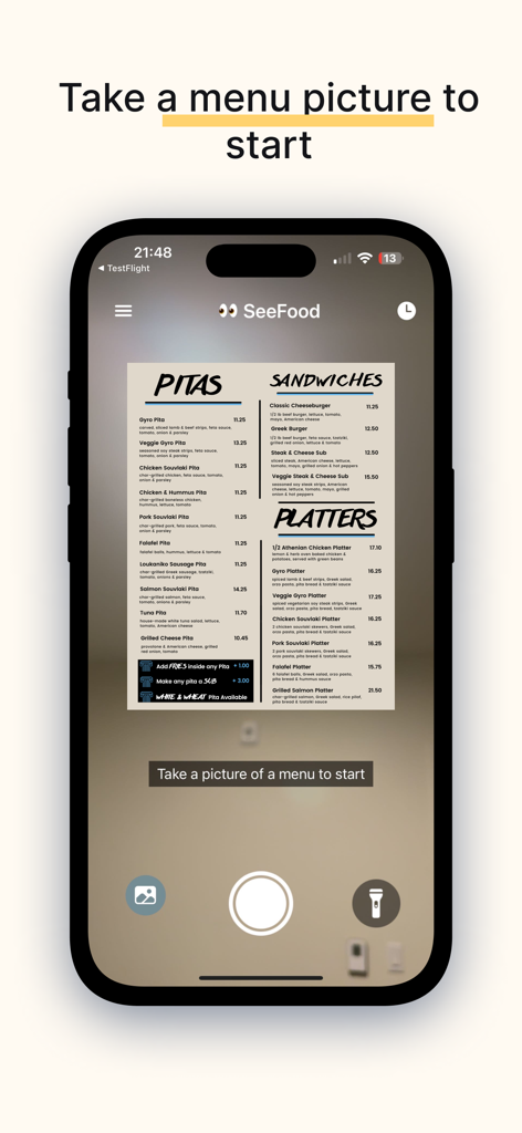 SeeFood: AI Menu Reader - Smartphone screen showing the SeeFood app scanning a restaurant menu using AI