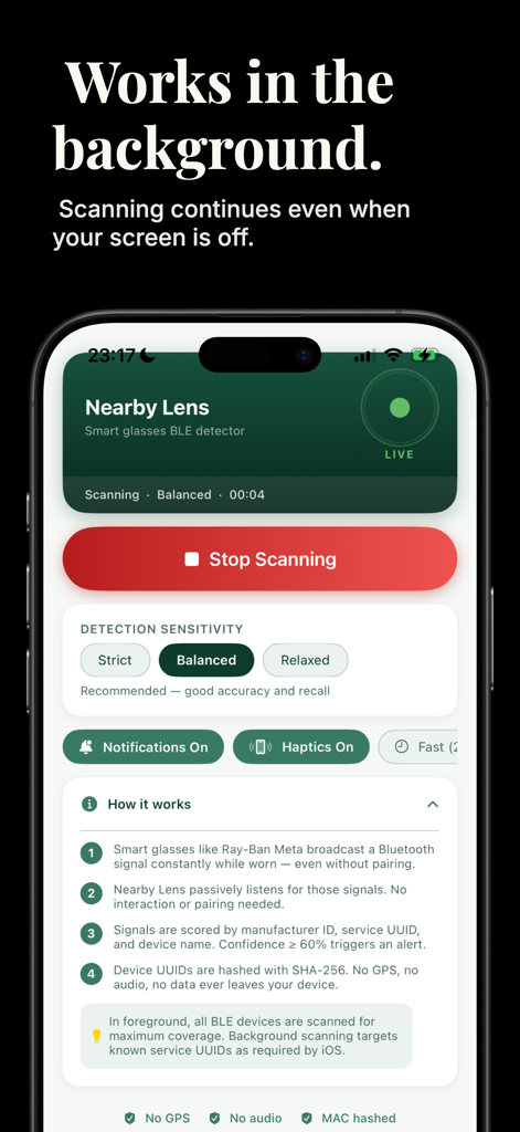 Nearby Lens app interface highlighting background scanning features and detection sensitivity settings