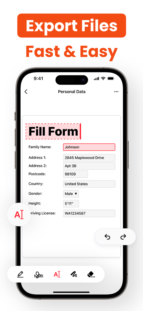 Lens: PDF Scanner & Editor - A smartphone screen showing the Lens app being used to fill out a personal data PDF form with fields like name and address.