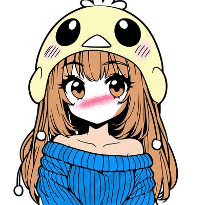 anime girl with chick shaped hat with sweater with bare shoulders with bangs covering them one eye with low tail