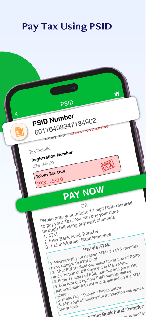 Écran de smartphone de l'application ePay Punjab affichant un numéro PSID et les détails de paiement de la taxe symbolique.