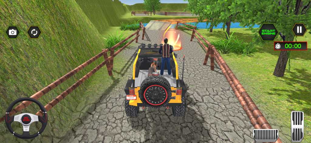 Jeep Driving Simulator 3D Game - Yellow jeep driving on a rocky path in a 3D simulator game with a person and dog on board