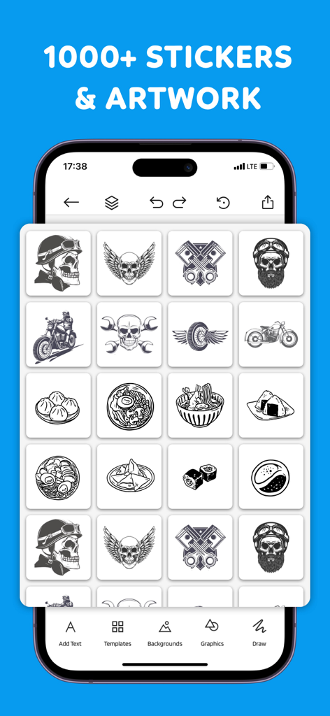 Logo Maker : Flyer Maker - Mobile app screen displaying a library of over 1000 stickers and artwork for logo design including food and motorcycle icons